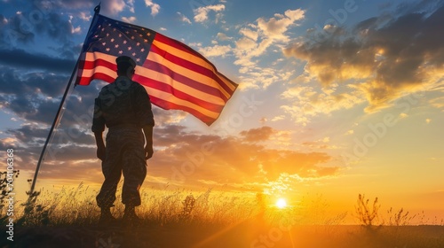 Soldier and USA flag on sunrise background .Concept National holidays , Flag Day, Veterans Day, Memorial Day, Independence Day, Patriot Day.