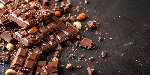 hazelnut dark chocolate chunks on brown background with copyspace, milk chocolate bar pieces with scattered nuts on brown chocolate background, copy space.