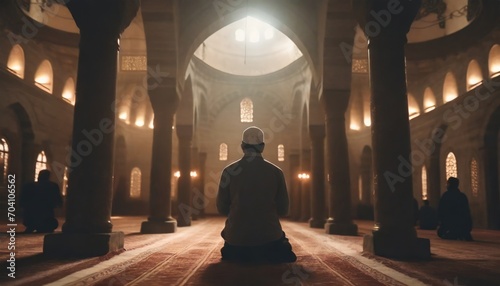 people praying in mosque rear view dark atmosphere hars light 
