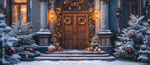 Winter house with fancy wooden double front door adorned with Christmas ornaments. photo