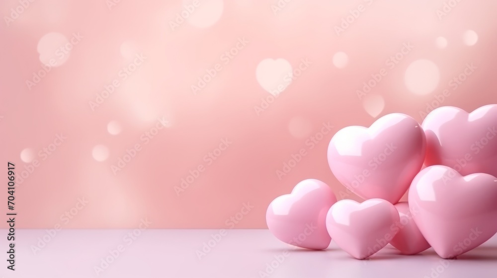 Glossy pink hearts set against a soft pink background with bokeh lights. Ideal for Valentines Day promotions or love-themed events. Banner with copy space