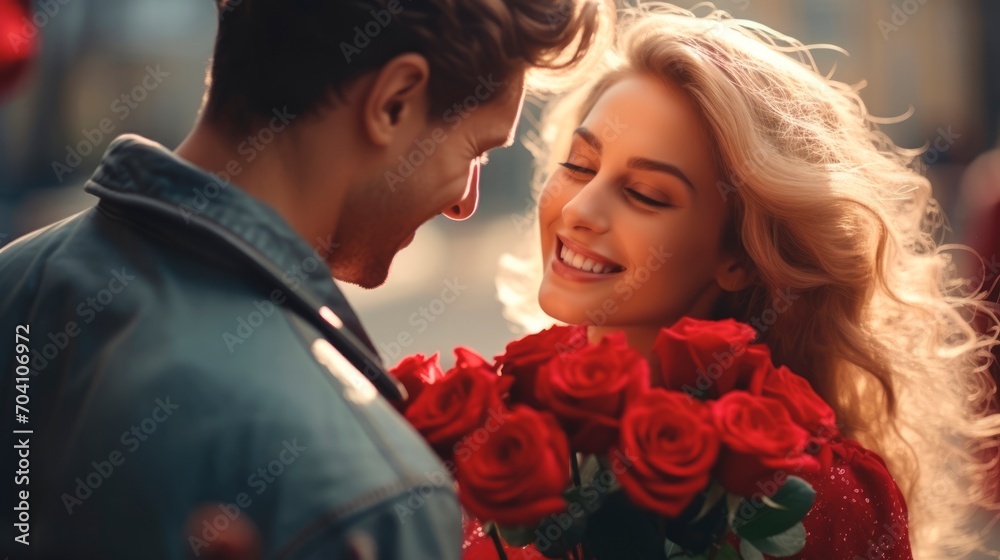 A man in love gives a smiling blonde woman a bouquet of red roses. Happy couple. Romantic moment. Ideal for love, relationships, and Valentines celebrations. A man in love gives a smiling blonde woman a bouquet of red roses. Happy couple. Romantic moment. Ideal for love, relationships, and Valentines celebrations.