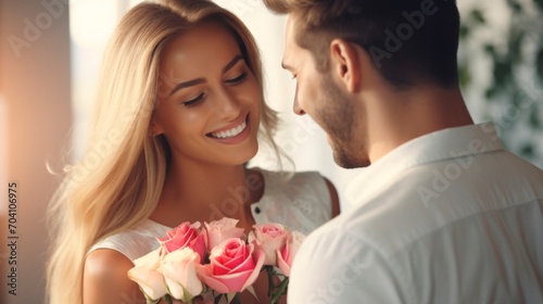 A man in love gives a smiling blonde woman a bouquet of pink roses. Happy couple. Romantic moment. Ideal for love, relationships, and Valentines celebrations.