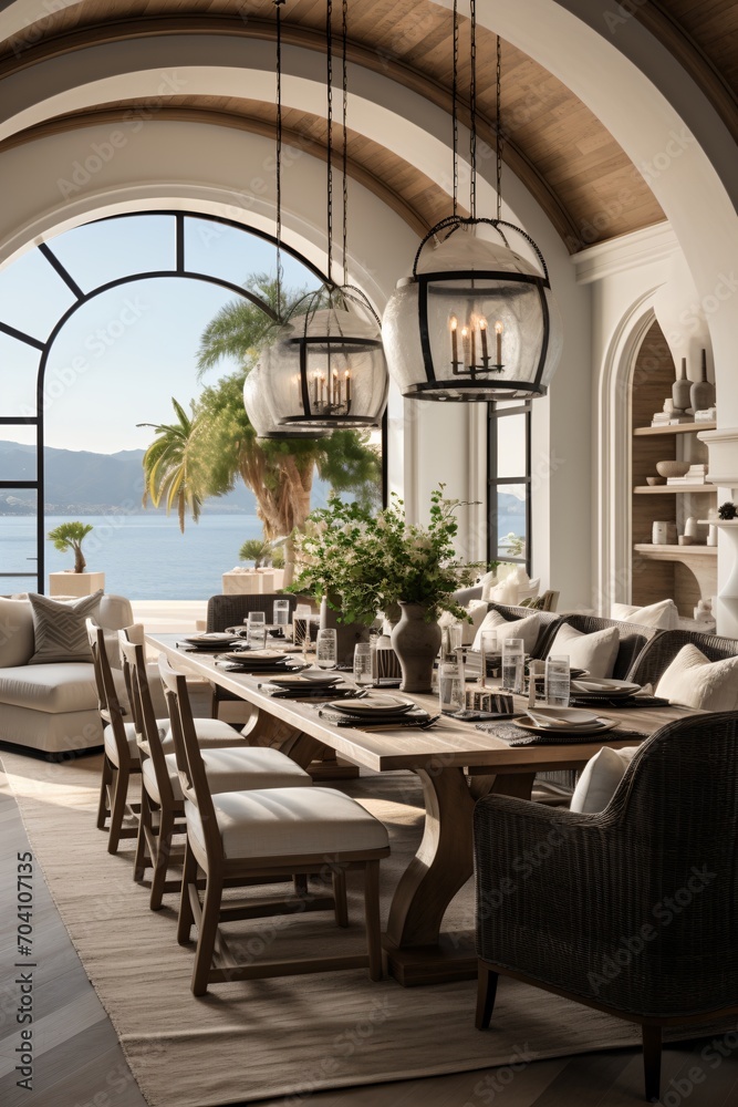 Luxury modern coastal dining room with ocean view