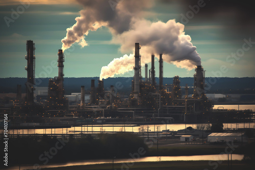 Oil refinery plant. Processing factory. Oil crude and gas refineries. Louisiana petrochemical plant Smoking chimneys. Toxic Smoke, Air Pollution, CO2 Crisis. Carbon dioxide emissions. Carbide plant. © MaxSafaniuk