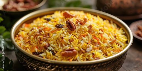Zarda Culinary Delight, A Visual Symphony of Sweetened Saffron Rice, Nuts, and Raisins - Capturing Festive Bliss in Every Spoonful - Festive Elegance - Rich, Warm Lighting Infusing Culinary Magic