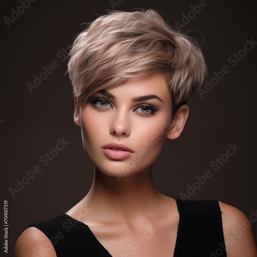 Portrait of a beautiful young woman with elegant short creative hairstyle and natural makeup.