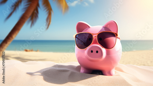 Piggy bank in pink with sunglasses on the beach shore - savings concept for a relaxed vacation © Jess rodriguez