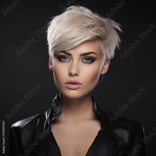 Portrait of a beautiful young woman with elegant short creative hairstyle and natural makeup.