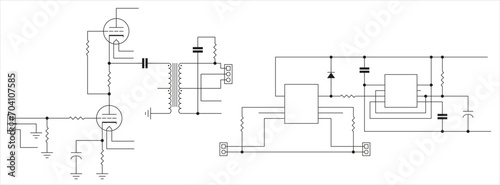 Vector template of schematic diagram of electronic device. Drawing electrical circuit with diode, resistor, transformer, lamp, capacitor, integrated circuit and other components.