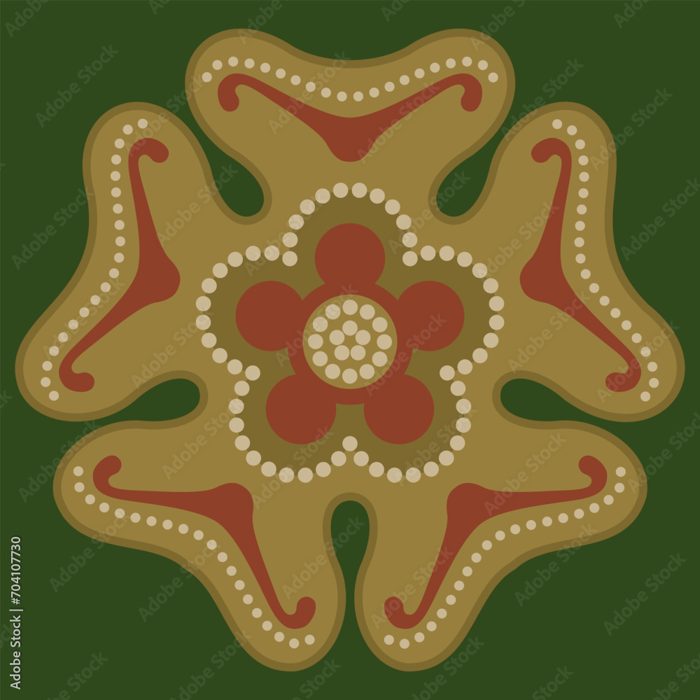 Obraz premium Stylized flower with five petals. Medieval floral design. Botanical mandala. Red and gold ornament on green background.