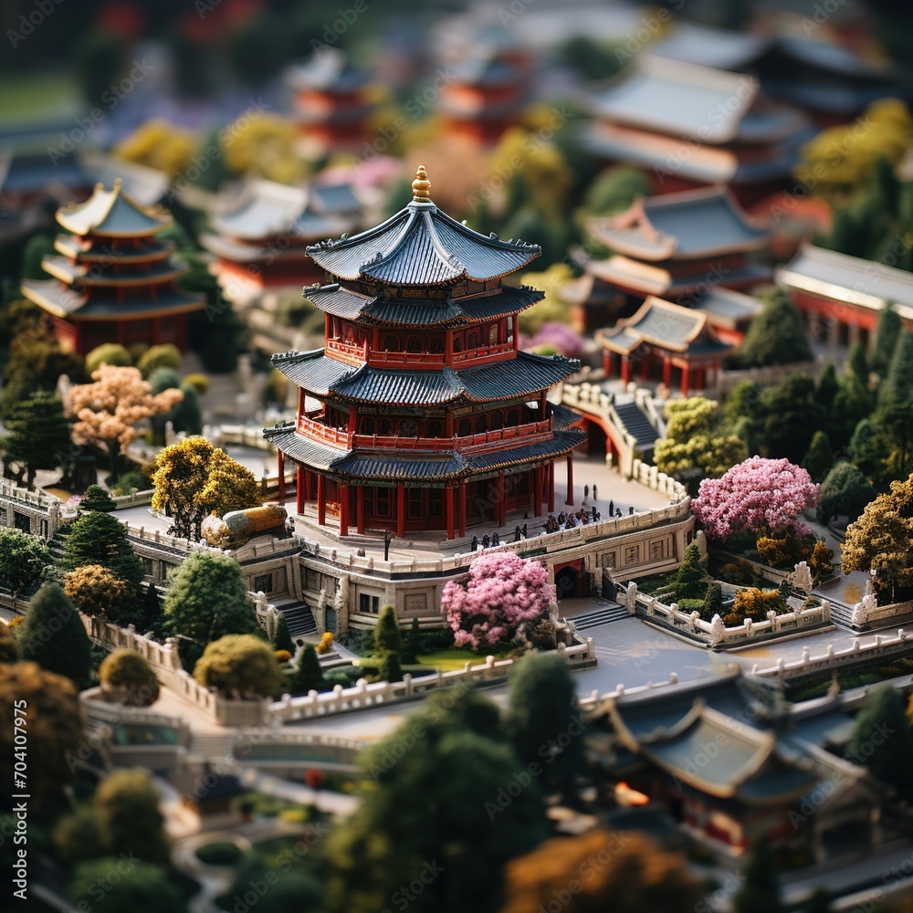 Miniature Chinese architecture with cherry blossoms
