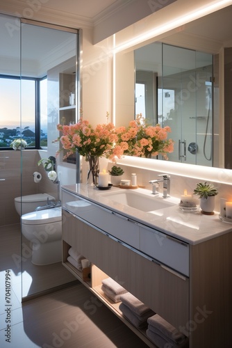 Elegant bathroom interior with large windows and modern fixtures