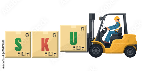Industrial worker driving a forklift loading boxes. SKU, Stock Keeping Unit. Inventory management method for product rotation in warehouse. Cargo and shipping logistics. industrial storage