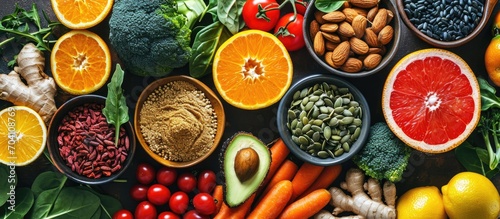 Immune-boosting foods include citrus, red bell peppers, broccoli, garlic, ginger, spinach, almonds, turmeric, green tea, papaya, kiwi, poultry, and sunflower seeds. Empty background.