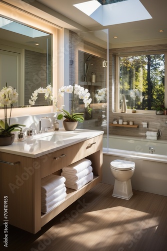 Modern bathroom interior with large windows and white bathtub