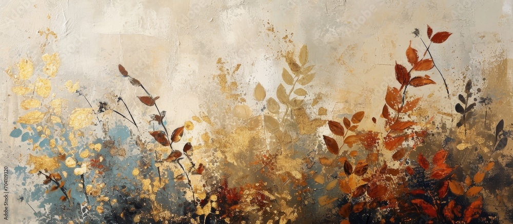 Contemporary abstract art with metallic elements, textured backdrop, and botanical motifs.