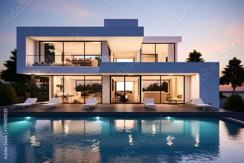 Modern luxury villa with pool and sunset view