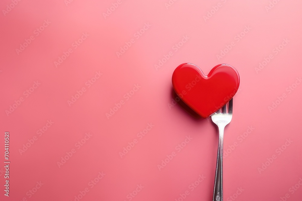 Banner. Festive table setting.Heart on a fork close-up. Holiday concept. Valentine's Day. Copy space for inscriptions.
