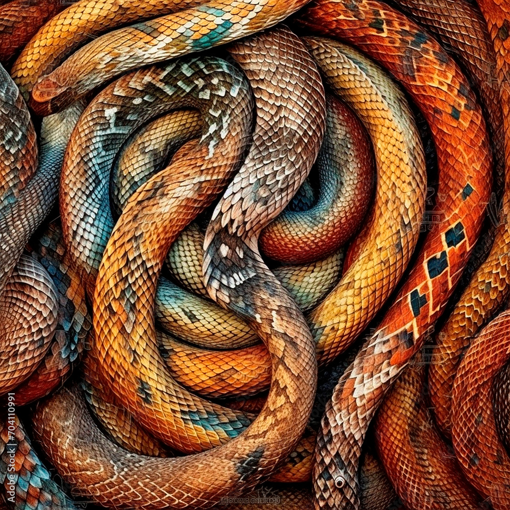 Fototapeta premium Background of many snakes intertwined together, different colors and shades of scales, unusual natural wallpaper 
