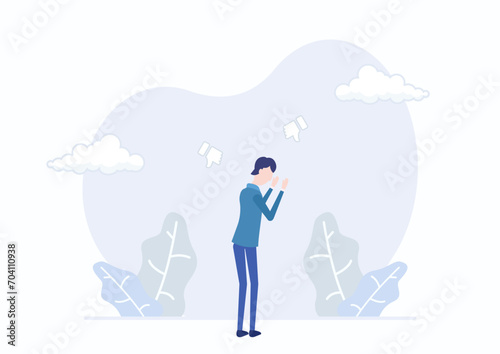 Business failure, work mistake, bankruptcy or failed entrepreneurship concept. A depressed businessman feels embarrassed and unable to face people or society. Flat vector modern illustration.