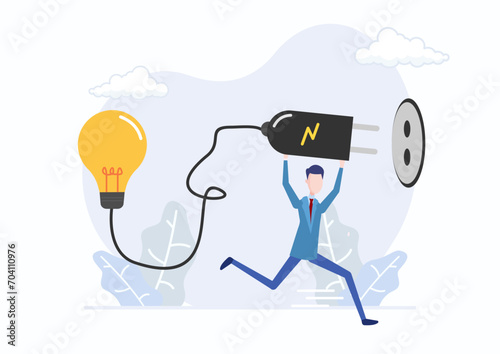 Problem Solving Ideas, creating new innovations, or thinking up new business idea concepts. Smart business leader connects electricity to turn on idea light bulb. Modern flat vector illustration.