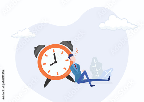 Morning slump, laziness, and procrastination in putting off work. Concept of boring and sleepy work, with a businessman sleeping soundly in the office next to the alarm clock. Flat illustration