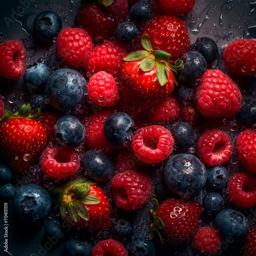 Appetizing fresh strawberries, raspberries and blueberries on a dark background with large drops of water, fruit background, healthy wholesome organic food
