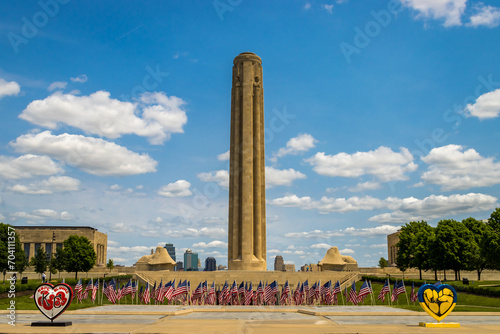 Canvas Print Liberty Memorial in Kansas City with American flags in the foreground