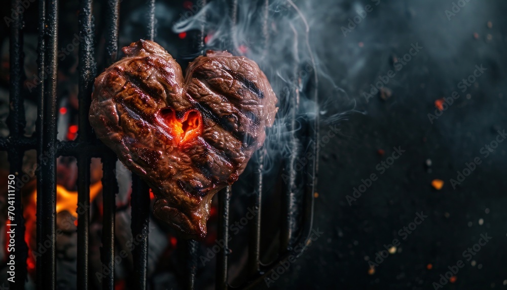 Heart shaped steak on a grill for Valentine's day - obrazy, fototapety, plakaty 