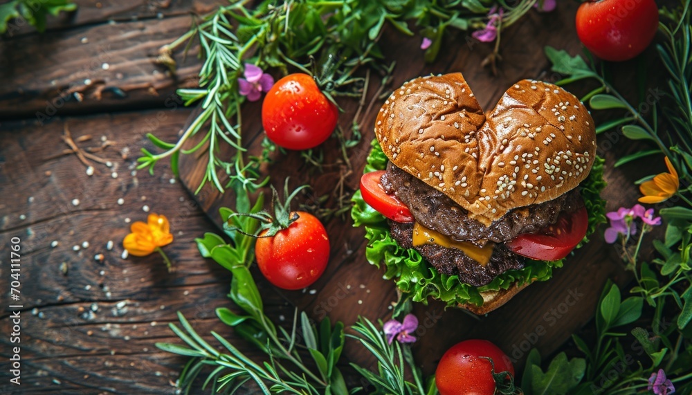 Heart shaped double cheeseburger with lettuce on a cutting board served as Valentine's day dinner Heart shaped double cheeseburger with lettuce on a cutting board served as Valentine's day dinner