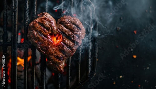 Heart shaped steak on a grill for Valentine's day