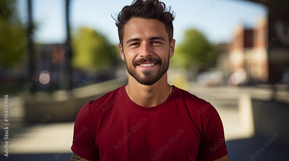 Close up portrait of young smiling handsome guy in red t-shirt isolated on a background Close up portrait of young smiling handsome guy in red t-shirt isolated on a background