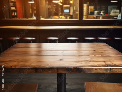 Wooden table in a restaurant with blurred background