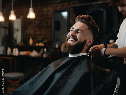 Bearded man cutting hair in barbershop, professional hairdresser working with client