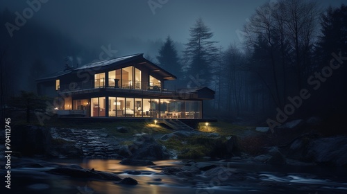 Modern house with river and forest view at night