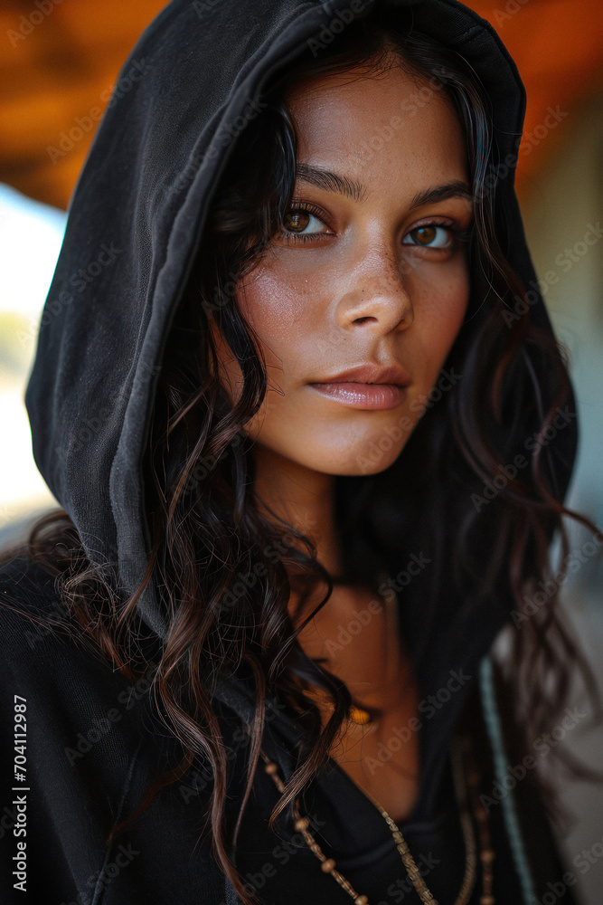 Delicate Skin Beauty in Black Hooded Sweatshirt Delicate Skin Beauty in Black Hooded Sweatshirt