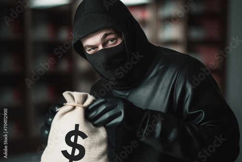 Bank robbery. Criminal in mask with bags of money. Money bags from bank in hands of robber. Bandit in black balaclava with money during money theft crime. Thief stealing money from bank.