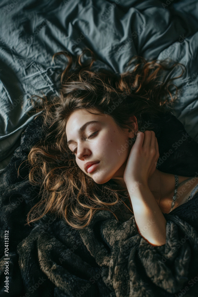 Beautiful Young Woman on Soft Black Fur Blanket in Morning Sunlight Beautiful Young Woman on Soft Black Fur Blanket in Morning Sunlight