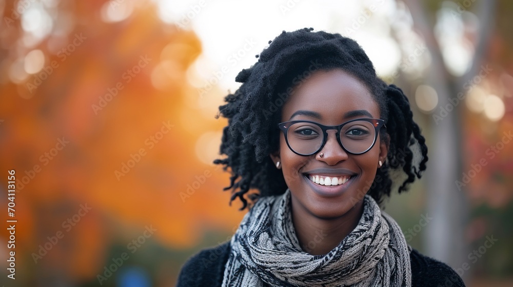 Portrait of black woman with glasses and smiling isolated on orange ...