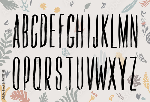 Grunge vector alphabet with capital letters. Black dirty textured font. Typographic distressed font with dry brush strokes. Uppercase letters. Hand drawn design characters with a rough inked texture.