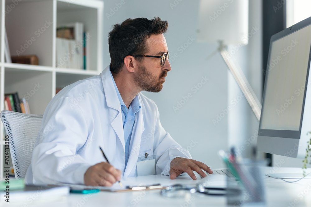 Mature male doctor working with computer while writing notes in the medical consultation