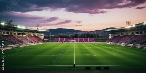 Empty soccer stadium at dusk with purple sky