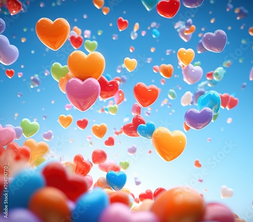 Colorful 3D heart shaped balloons flying in the air, Ai Generated