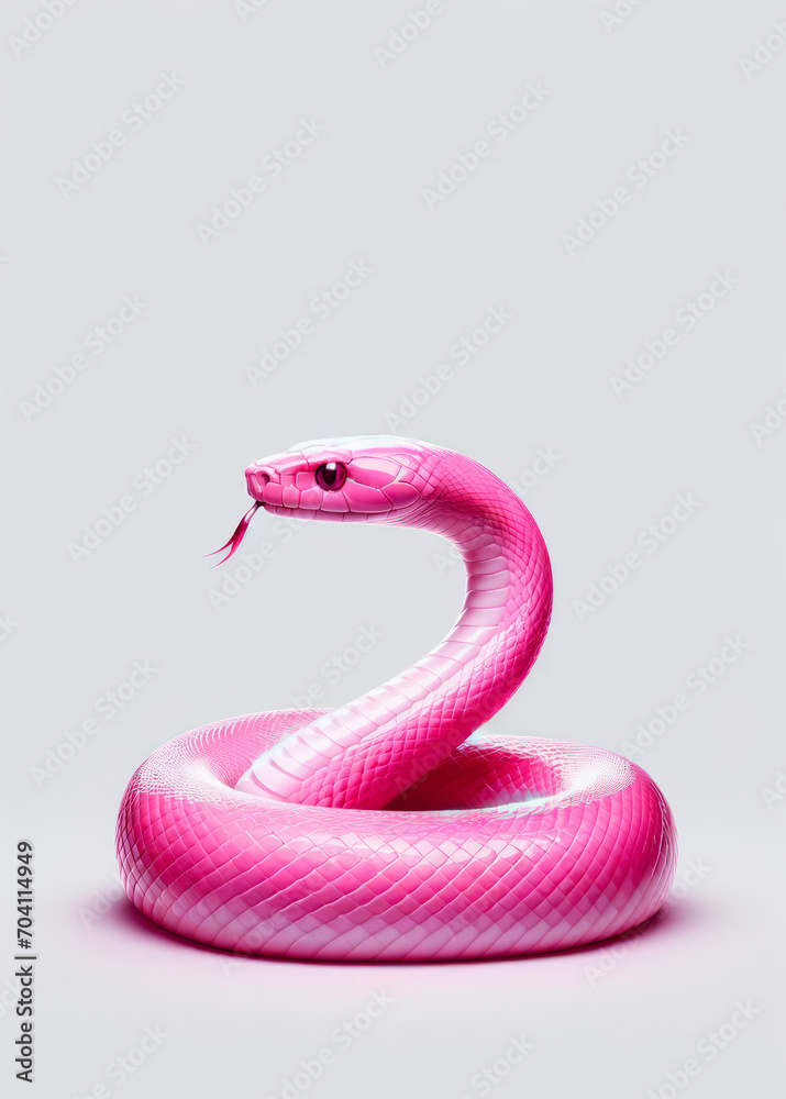 Fototapeta premium Isolated vibrant pink snake coiled against a minimalist grey background, evoking a surreal, artistic vibe. Copy space