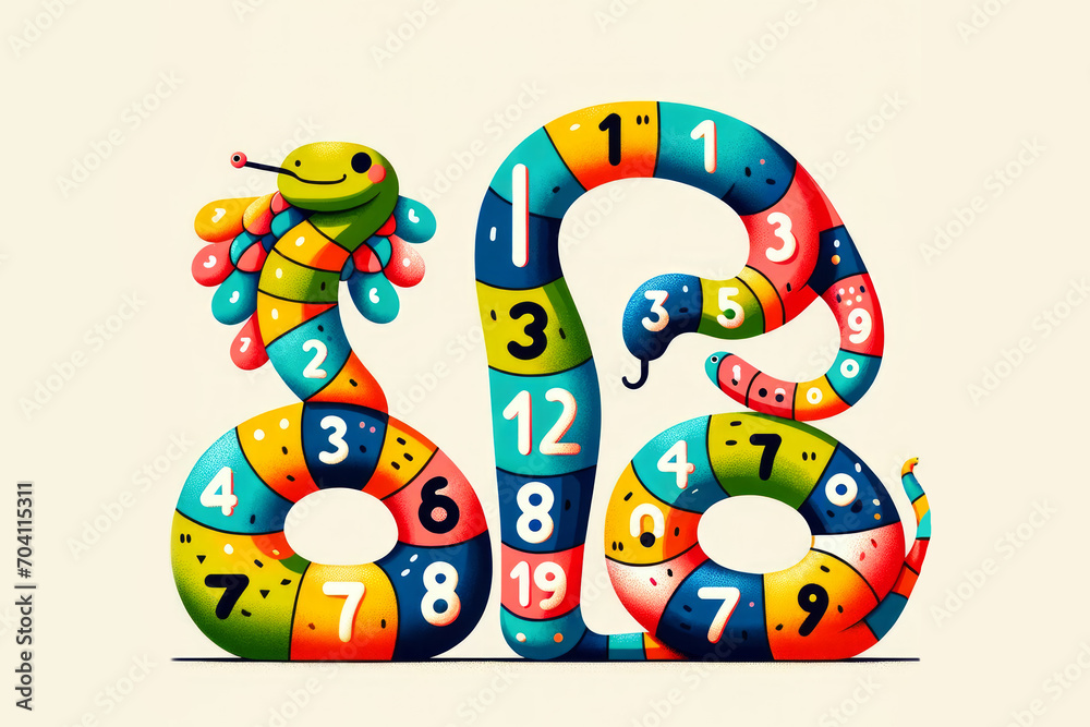 Fototapeta premium Playful cartoon snake illustration with numbers and cheerful colors, perfect for educational purposes and childrens learning materials.