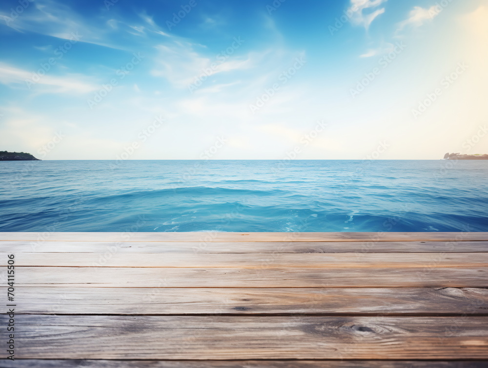 Wooden dock over calm blue ocean water with distant island on the horizon