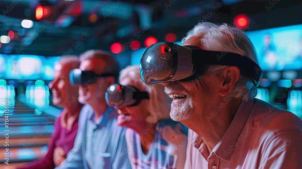 Pensioners in virtual reality play bowling, laughing and enjoying virtual fun
