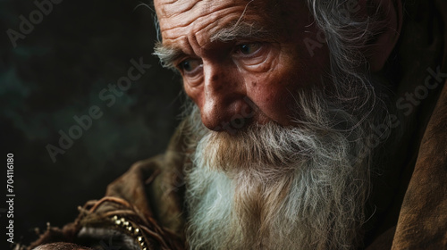Wise elder a portrait of an elderly viking with a white beard, passing his experience to the next