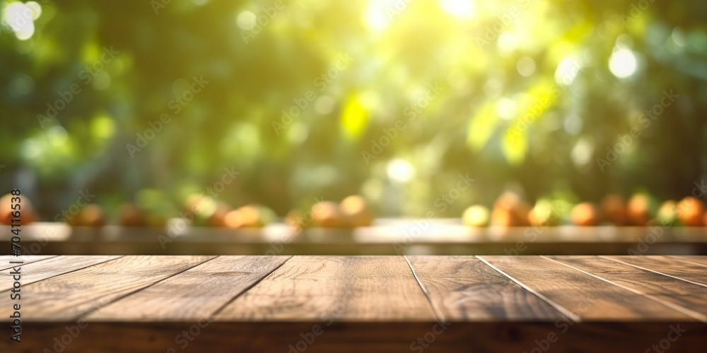 Empty wooden table with fruit trees in the background Empty wooden table with fruit trees in the background
